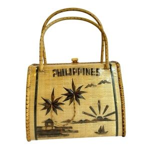Vintage 60s Wicker Bamboo Purse Philippines Sweetheart‎ Straw Beach Bag Resort
